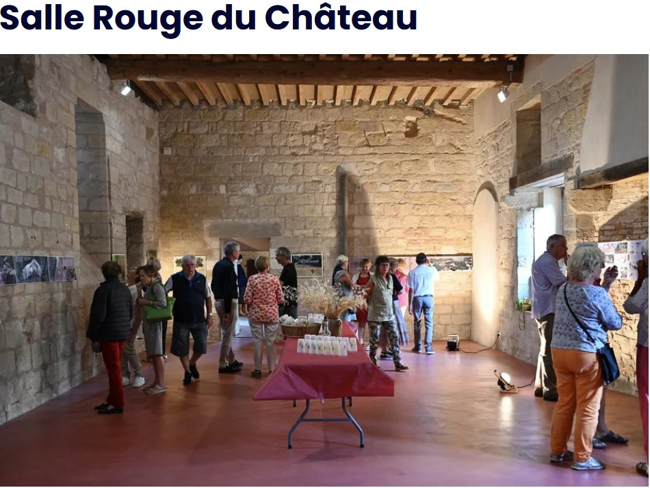 Salle avec pierre apparente, table, chaises et affiches murales. Des gens discutent.