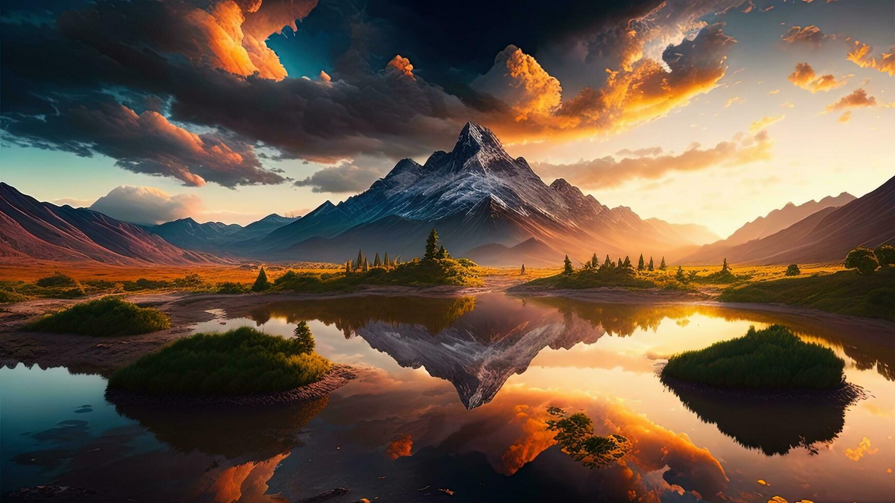 Montagne, lac, reflet, ciel nuageux, paysage naturel.