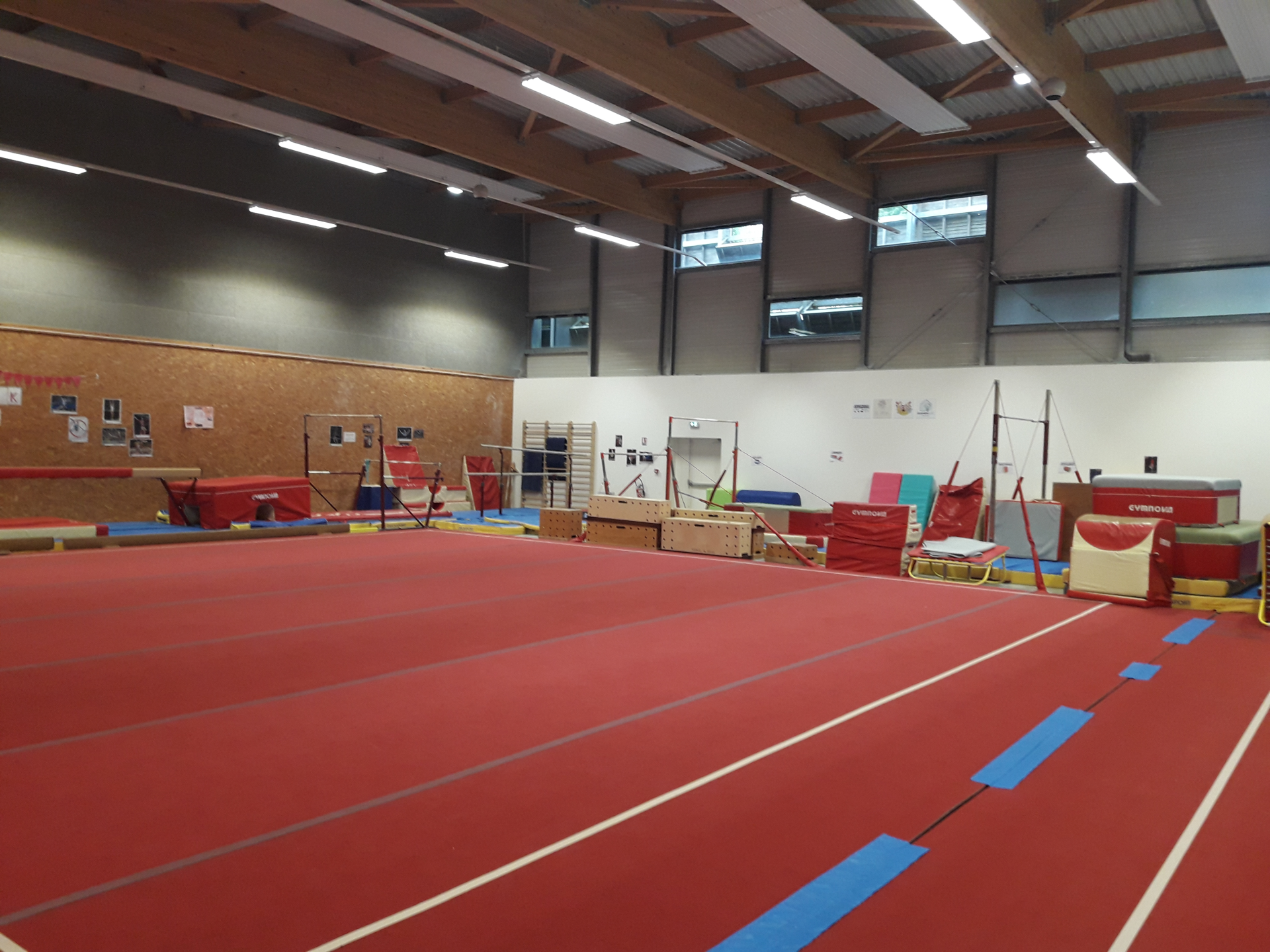 Salle de gymnastique avec tapis, barres, cheval d'arçons, et agrès divers.