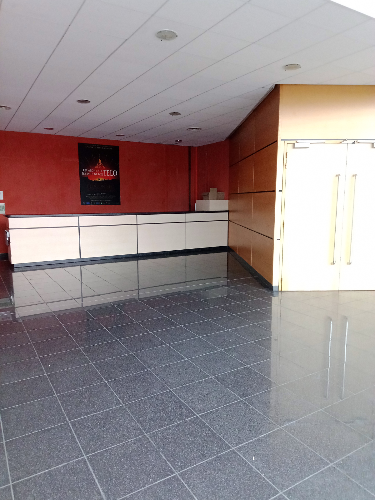 Pièce avec meubles en bois, comptoir blanc, porte et grande fenêtre.