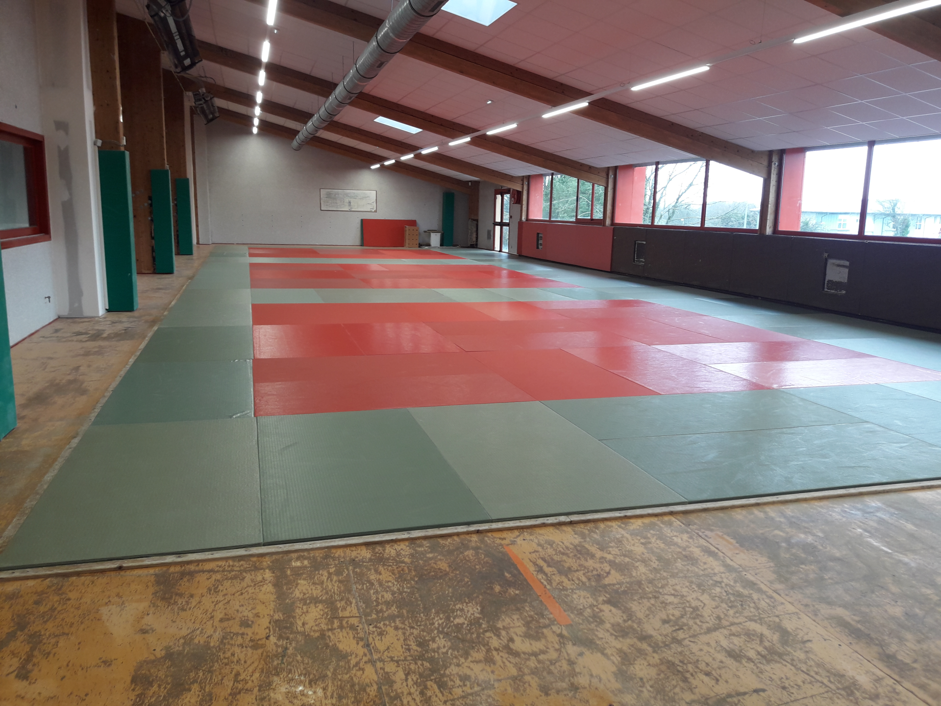 Salle avec tapis de sol rouge et vert, murs blancs, fenêtres et portes vertes.