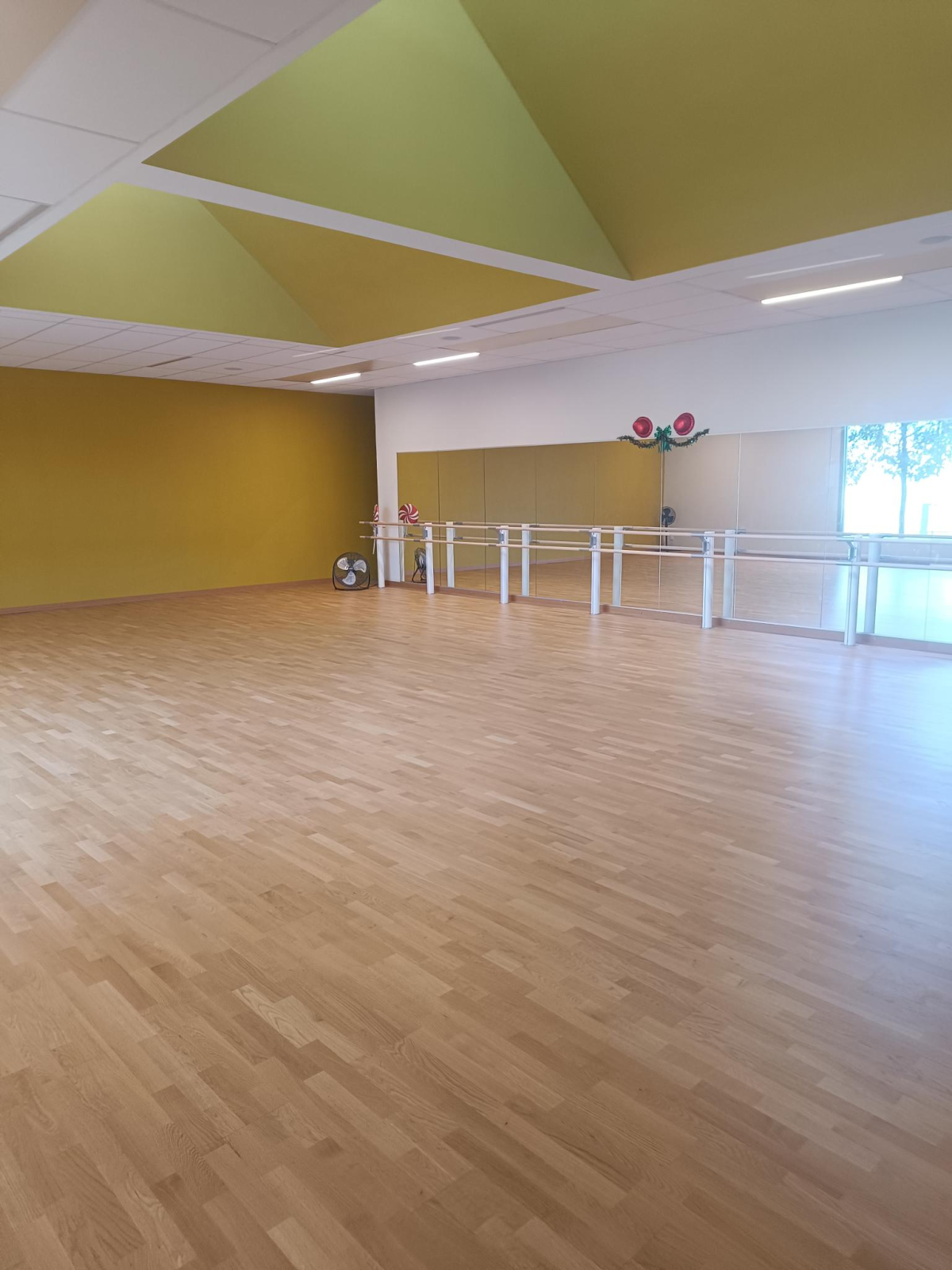 Salle avec parquet, barres de ballet, éclairage et murs jaunes.