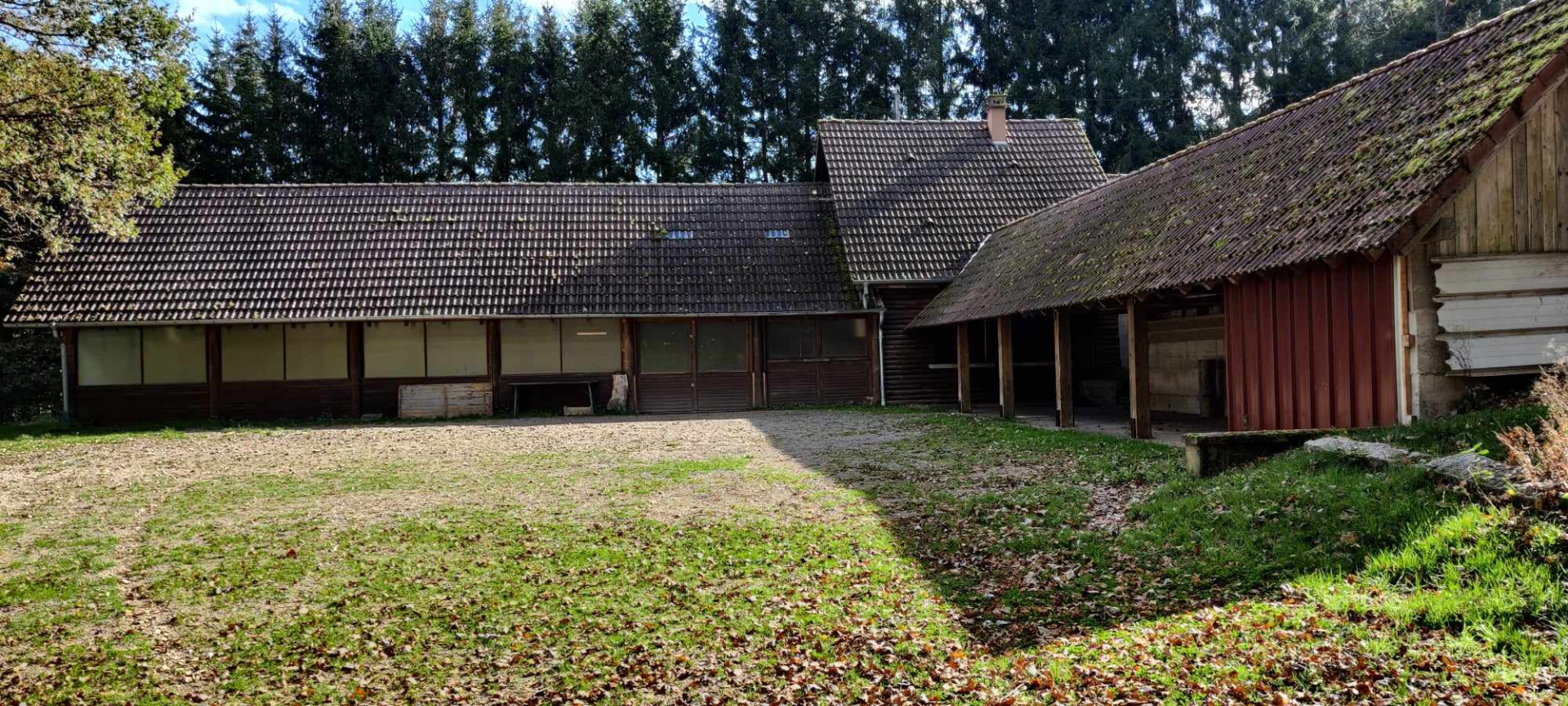 Fermes en bois avec toits en tuiles, portes et fenêtres ouvertes, entourées d'arbres.