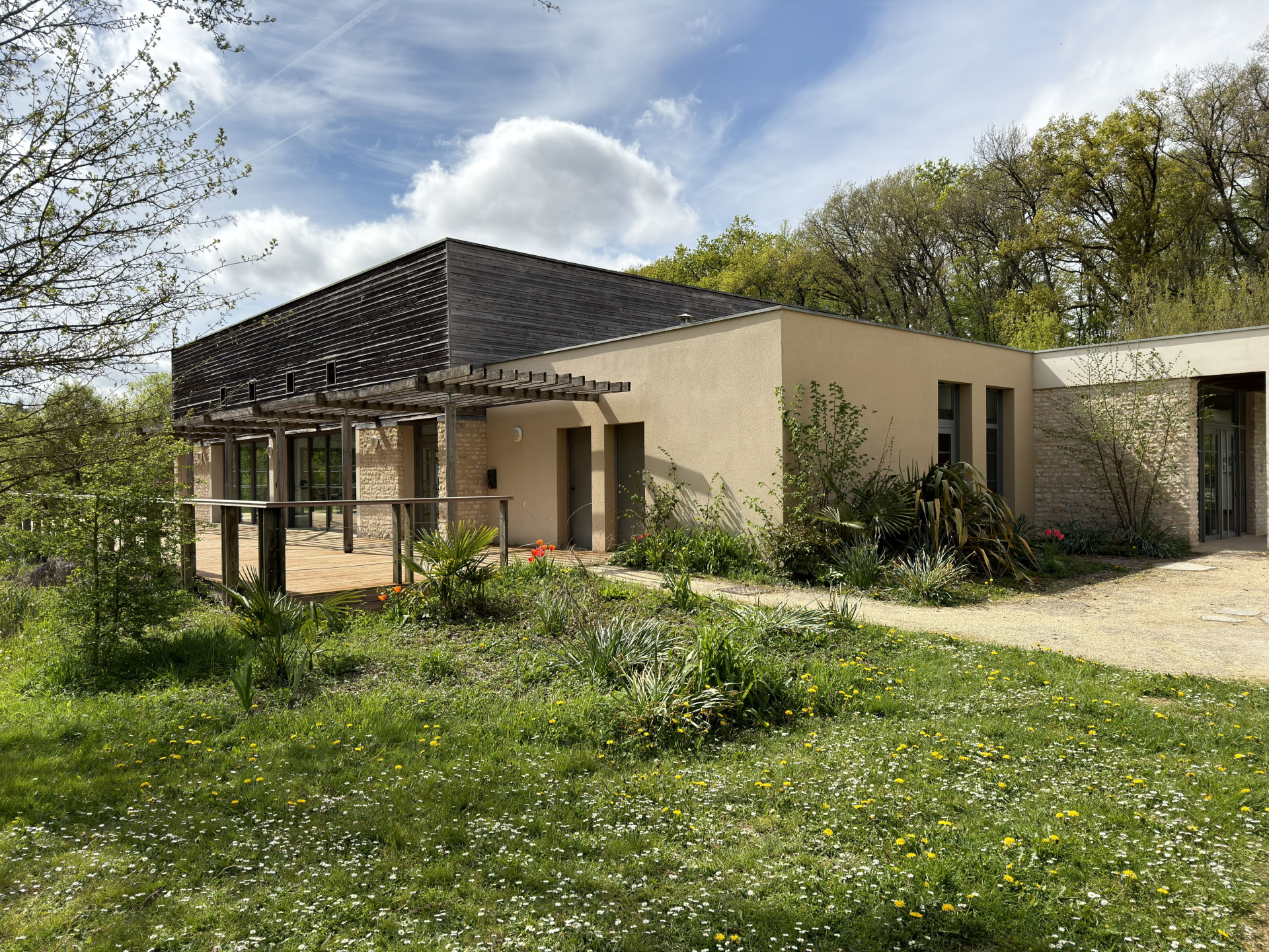 Maison moderne avec toit plat, murs beiges, grandes fenêtres et jardin bien entretenu.
