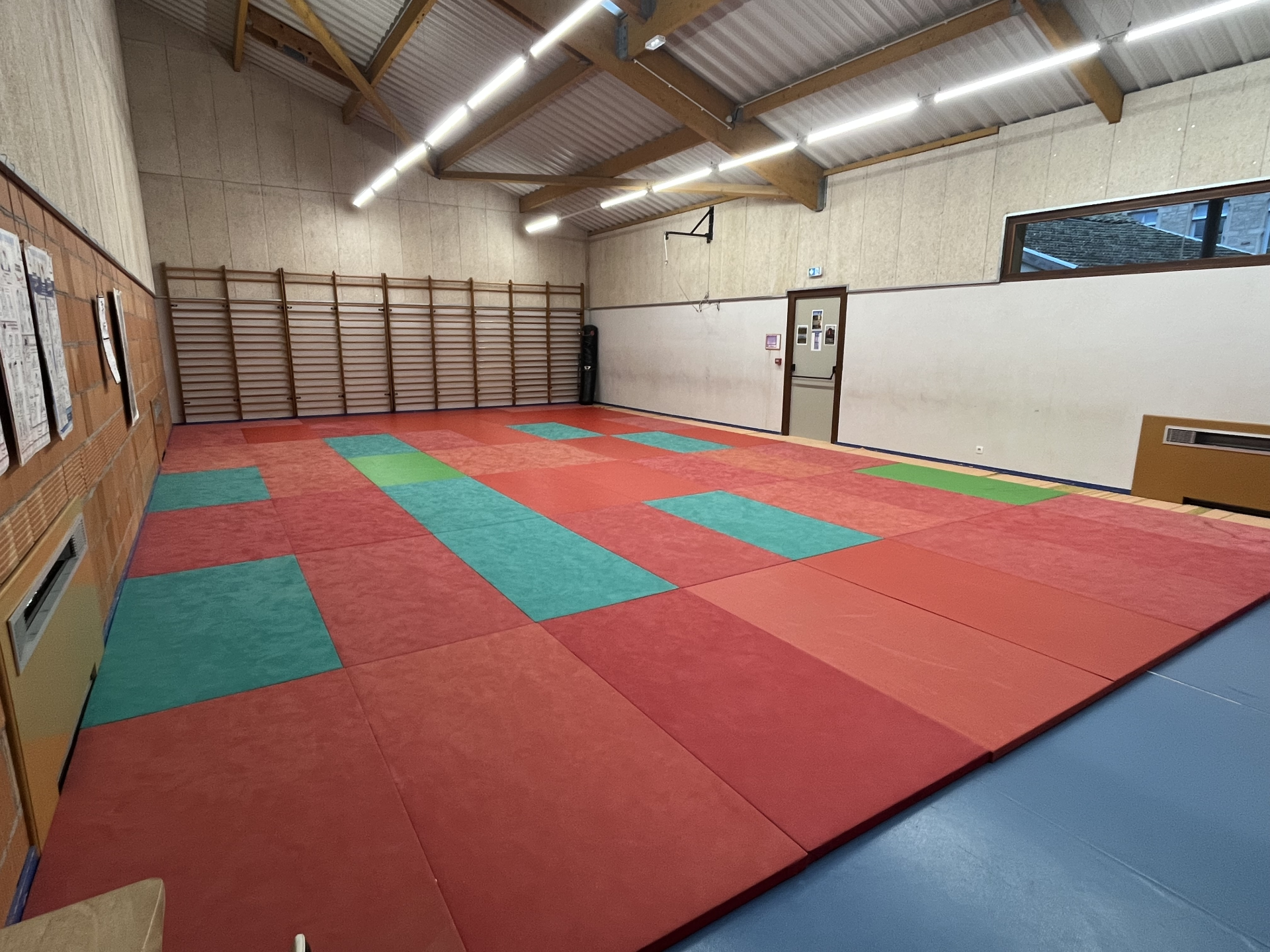 Salle avec tapis de sol multicolores, rack à barres, panneau de basket et éclairage suspendu.
