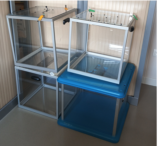 Deux cages en verre avec base bleue.