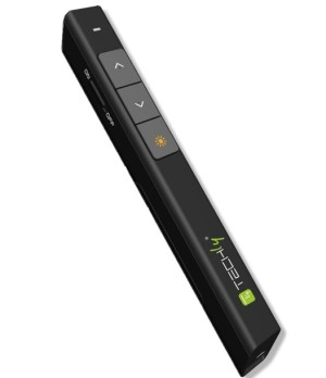 Télécommande de présentation noire avec boutons et logo.