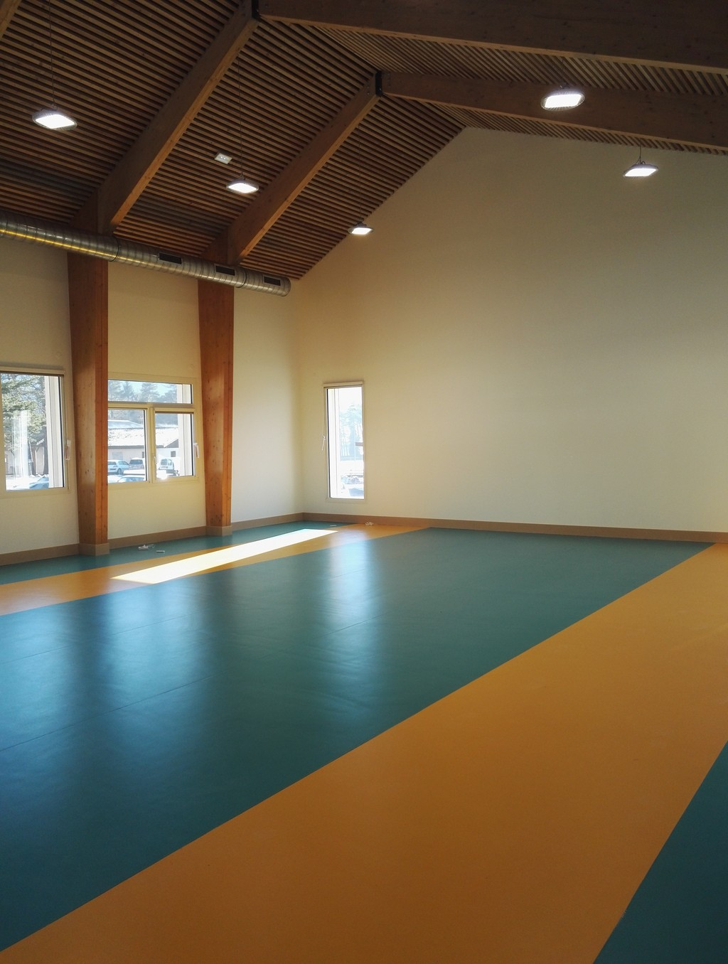 Salle avec sol coloré, fenêtres et éclairage plafonnier.