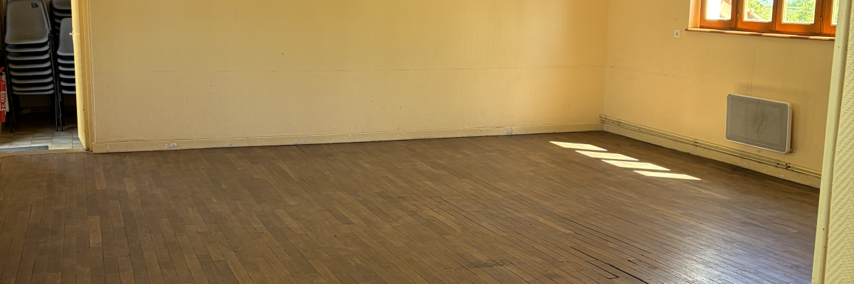 Pièce vide avec parquet, fenêtres, porte et radiateur.