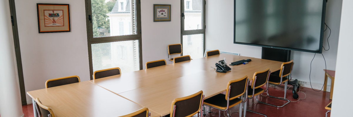 Salle avec table, chaises, écran, tableau.