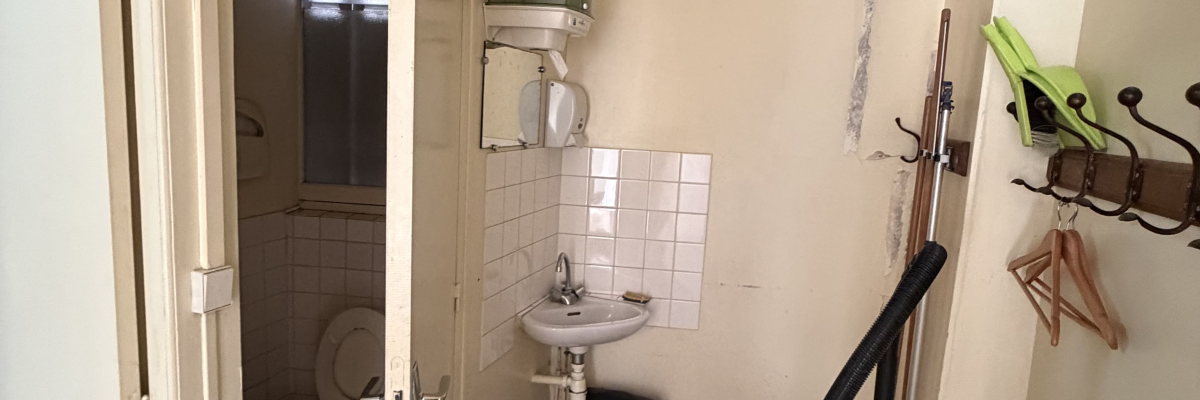 Salle de bain avec toilettes, lavabo, aspirateur et balai.
