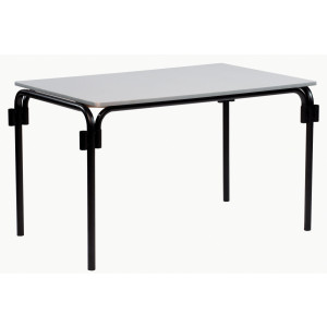 Table pliante avec plateau gris et structure noire.