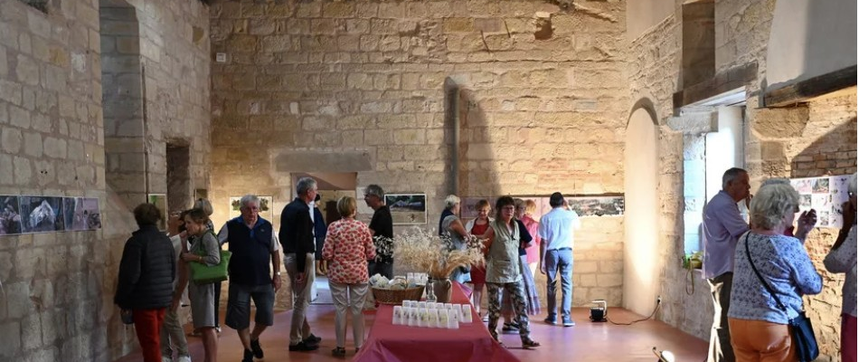 Salle avec pierre apparente, table, chaises et affiches murales. Des gens discutent.