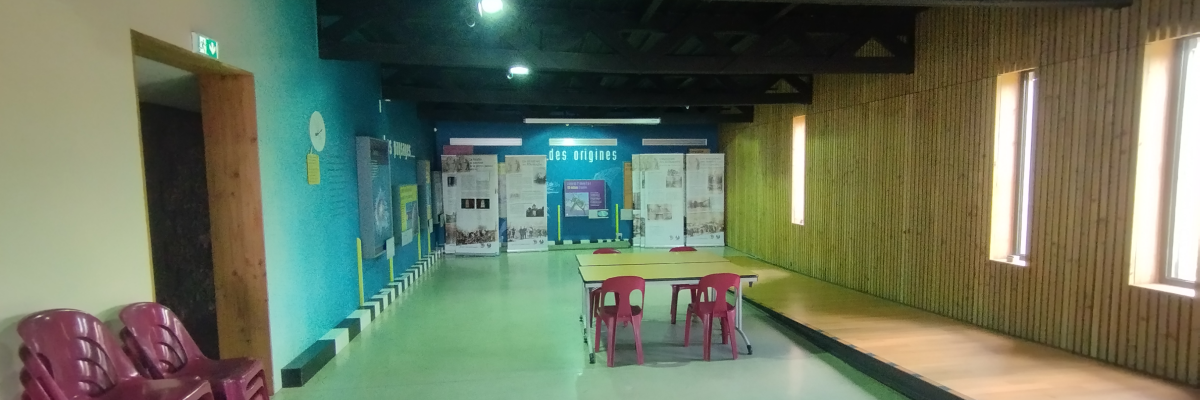 Salle spacieuse avec chaises, tables, murs colorés et fenêtres.