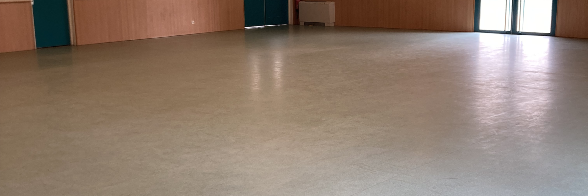 Salle vide, sol lisse, portes vertes et fenêtres.