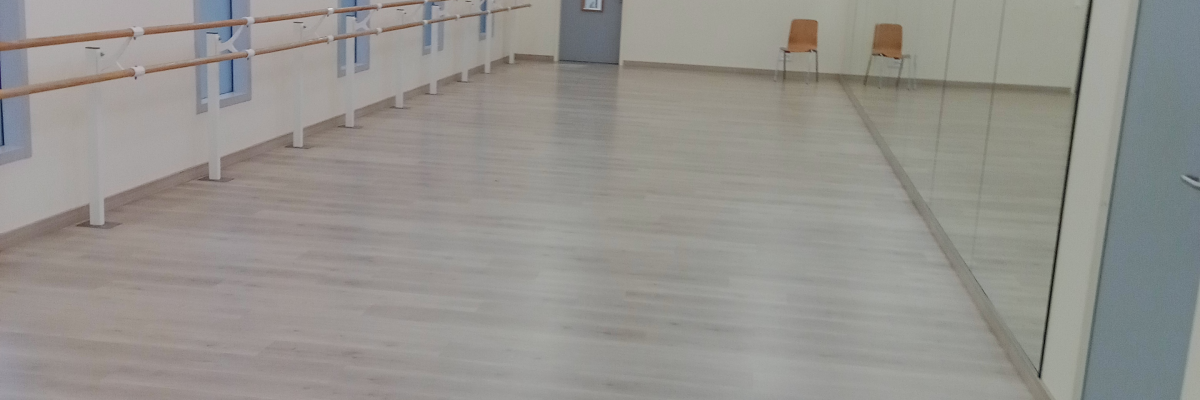 Salle de danse avec barres, miroirs, sol en bois et mobilier de rangement.