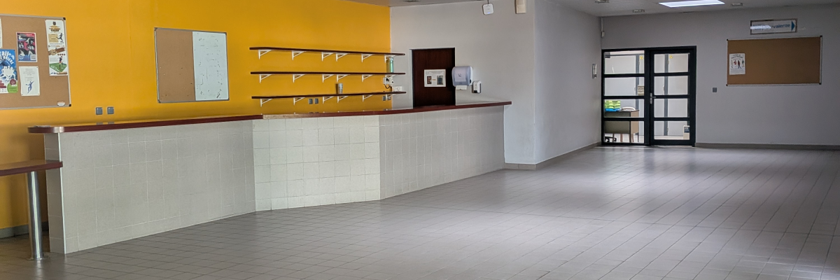 Réception avec comptoir, étagères, portes et tapis.