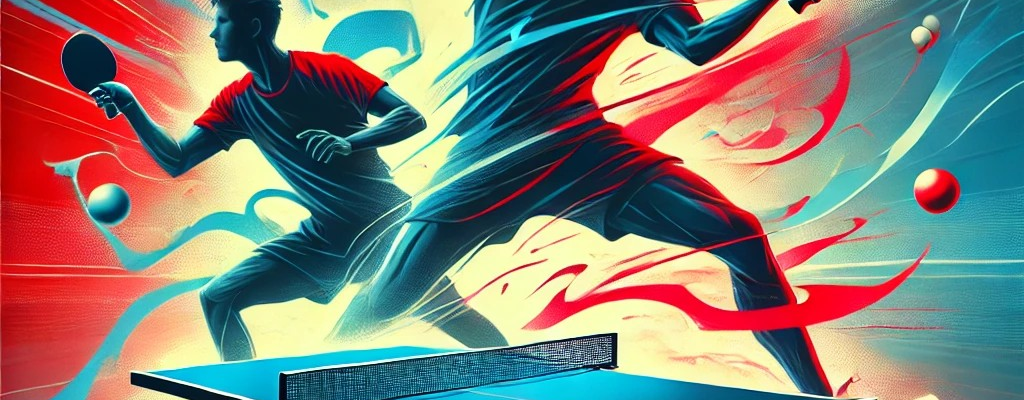 Deux joueurs de ping-pong avec raquettes, balles, table de ping-pong, effets visuels dynamiques.