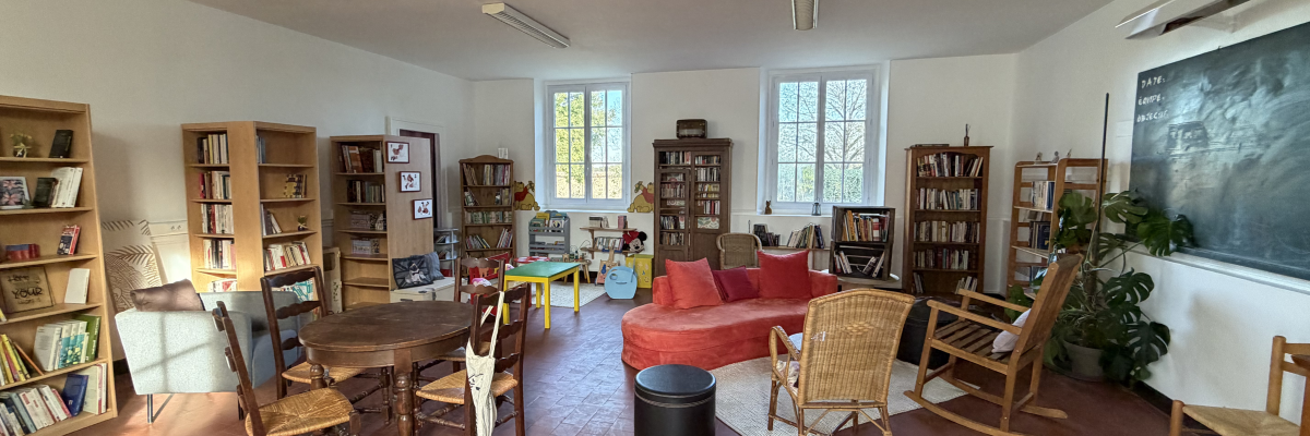 Salle avec étagères, table, chaises, canapé, rocking-chair, tableau et plantes.