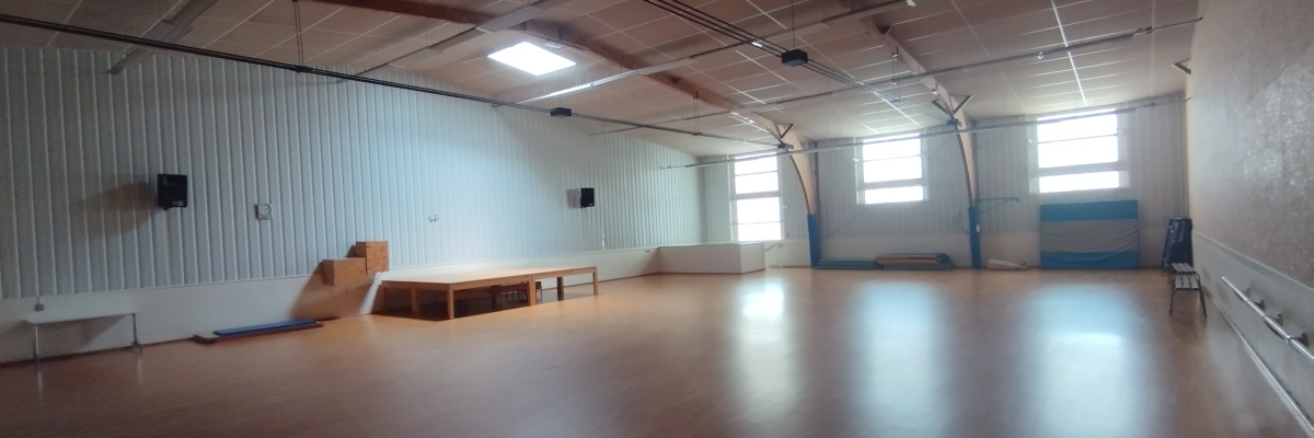 Salle spacieuse avec plancher en bois, banc, rampe de skate et fenêtres.
