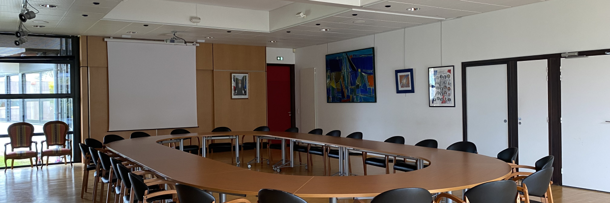 "Salle de réunion avec table ovale, nombreuses chaises, tableaux et porte."