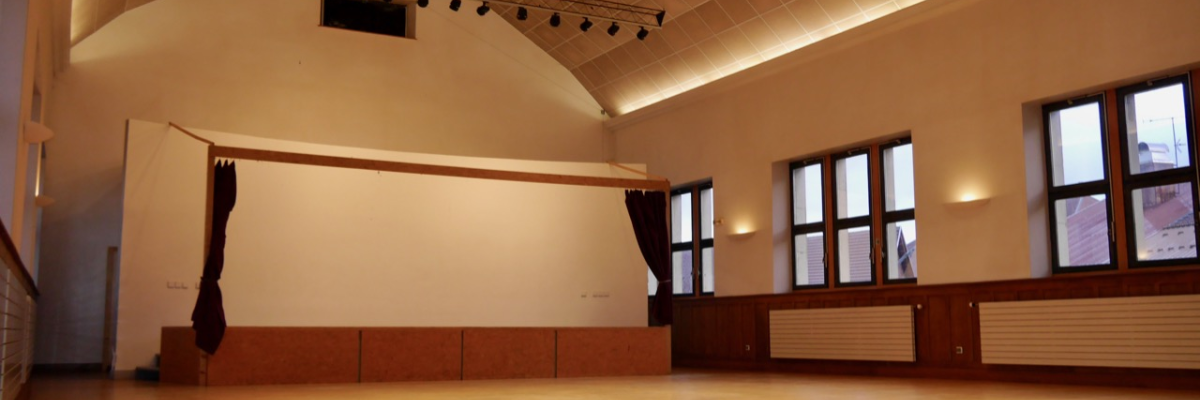 Salle avec plancher en bois, fenêtres, éclairage suspendu, écran, rideaux, et radiateurs.