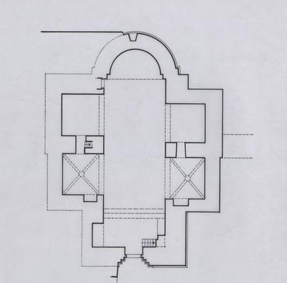 Plan d'église avec nef, abside, sacristies et entrée.
