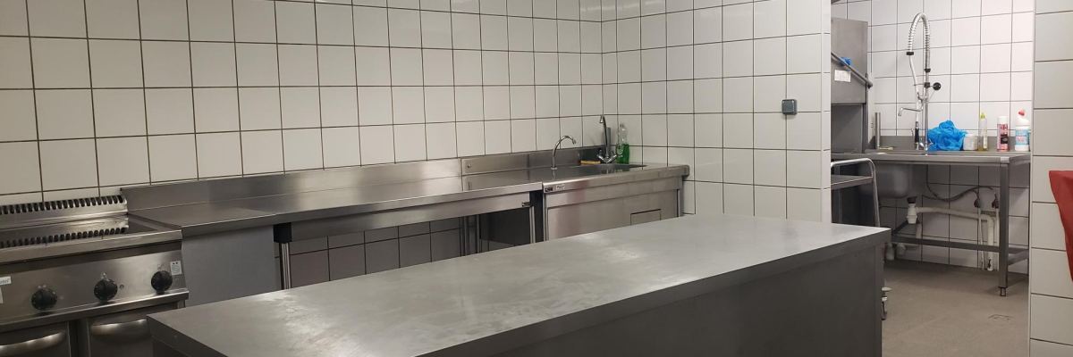 Cuisine avec plans de travail, éviers, hottes, et équipement de cuisine.