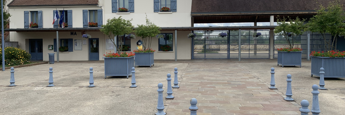 Bâtiment avec toits en tuiles, fenêtres bleues, antenne, pots de fleurs, poteaux et sol pavé.