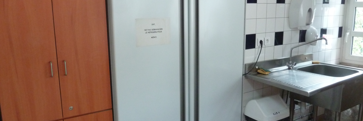 Cuisine avec grand réfrigérateur, meuble en bois, évier, distributeur de savon et poubelle.