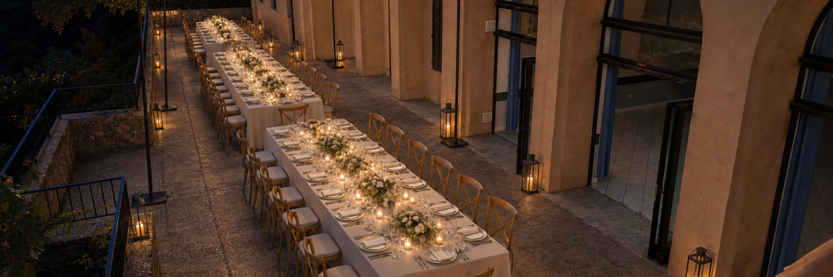 Salle à manger extérieure avec tables, chaises, nappes, guirlandes lumineuses et lanternes.