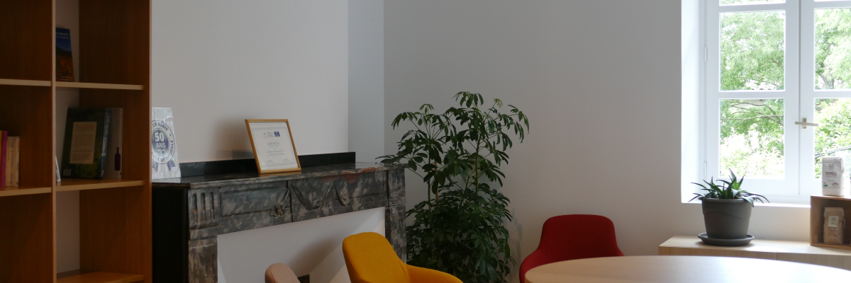 Salle avec table ronde, chaises, bibliothèque, plante, fenêtre, cheminée.