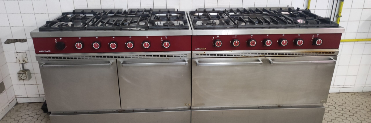 "Deux cuisinières industrielles avec plaques, fours et tiroirs."