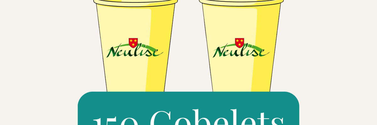 150 gobelets empilés, jaunes, logo "Neulise".