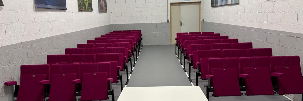 Salle de classe avec chaises, table et tableaux aux murs.