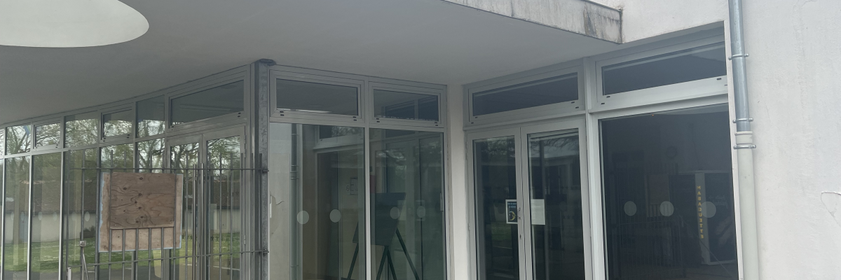 Bâtiment avec entrée en verre, pot de fleurs et rampes.