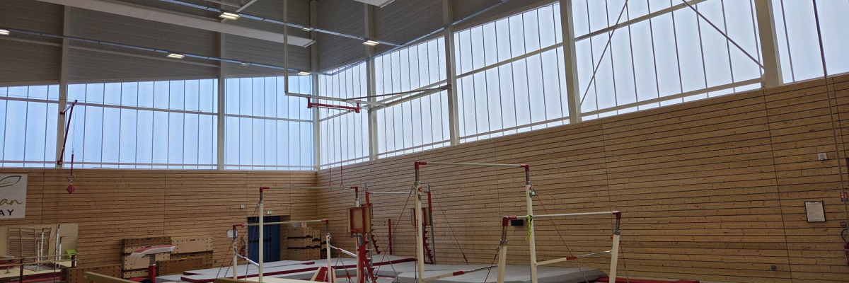 Salle de gymnastique avec barres parallèles, cheval d'arçons, tapis de sol, mur d'escalade et grand miroir.