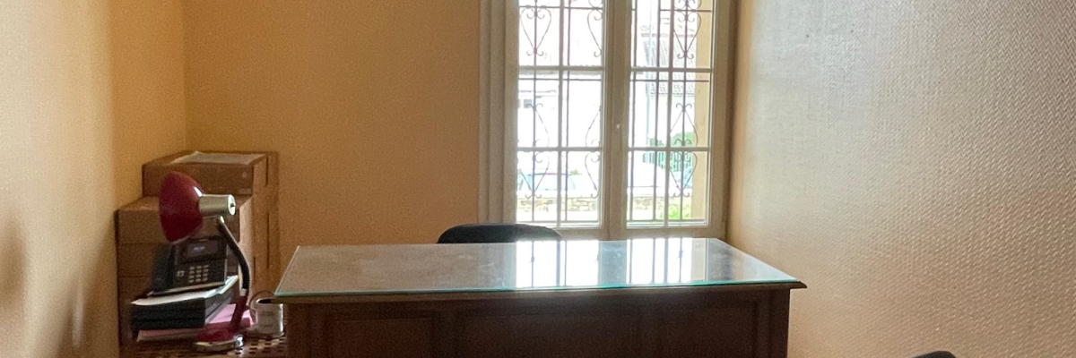 Pièce avec table, chaises, fenêtre, placard, plante et étagère.