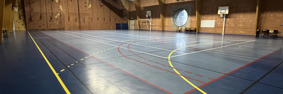 Gymnase avec paniers de basket, paroi d'escalade et lignes de sol.