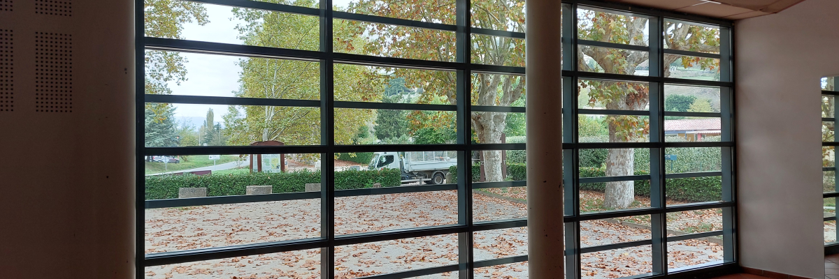 Pièce vide, grandes baies vitrées, vue sur jardin.