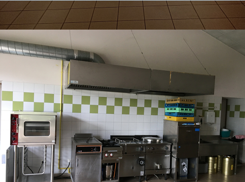 Cuisine avec hottes, plaques de cuisson, fours, réfrigérateur et évier.