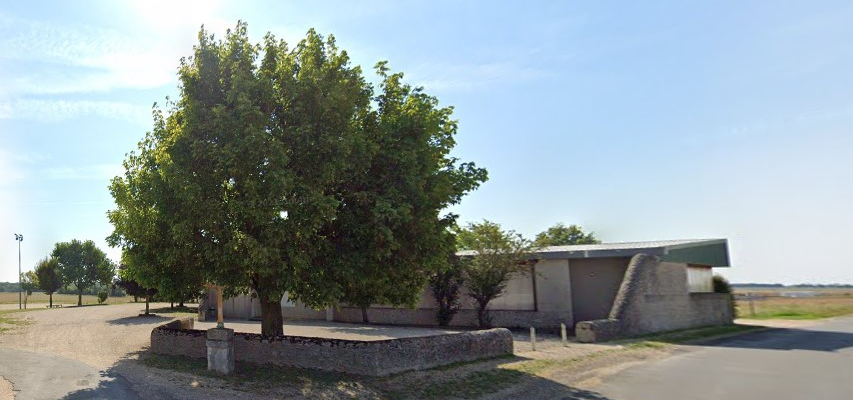 Bâtiment avec arbre et parking.
