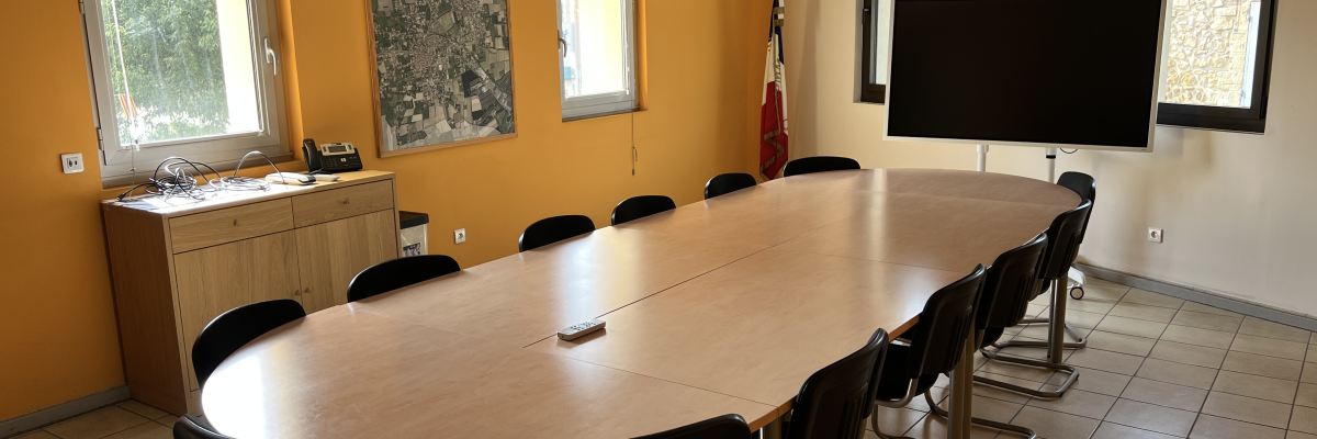 Salle de réunion avec table ovale, chaises, écran, vidéo projecteur et étagère.