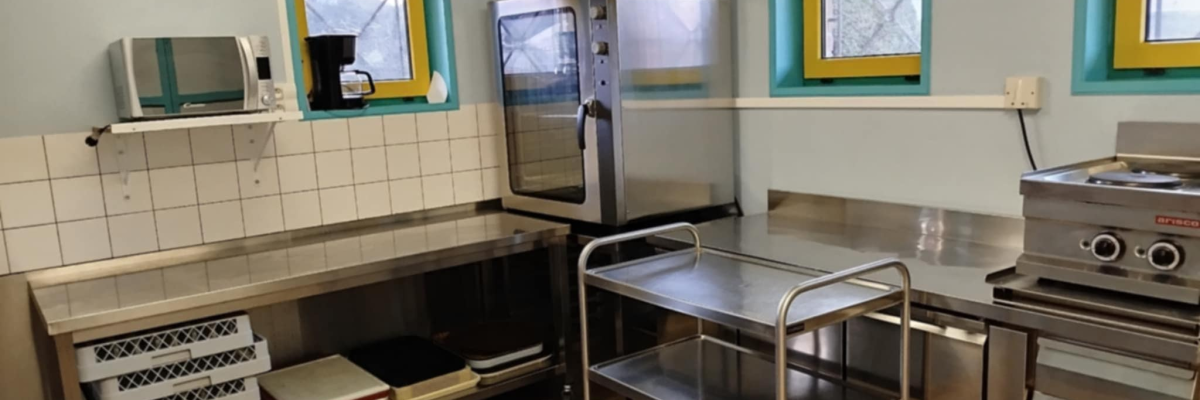 Cuisine équipée avec plan de travail, chariot, four, micro-ondes, réfrigérateur et fenêtres.