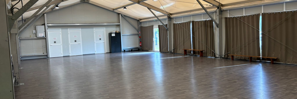 Salle spacieuse avec plancher en bois, murs blancs, rideaux, portes et un tapis vert.