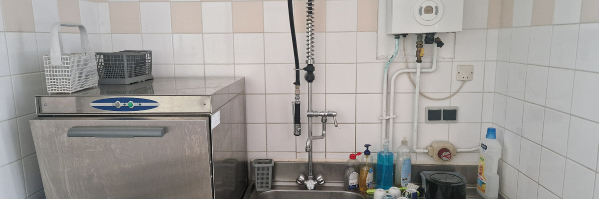 Lavez-vous les mains près du lavabo en acier inoxydable avec un robinet à flexible et un distributeur de savon. Lave-vaisselle en acier inoxydable avec panier à couverts à proximité. Chauffe-eau mural blanc. Divers produits de nettoyage.