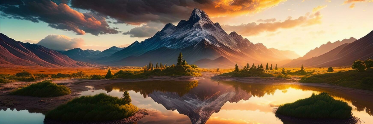 Montagnes, lac, reflet, arbres, ciel nuageux, soleil couchant.