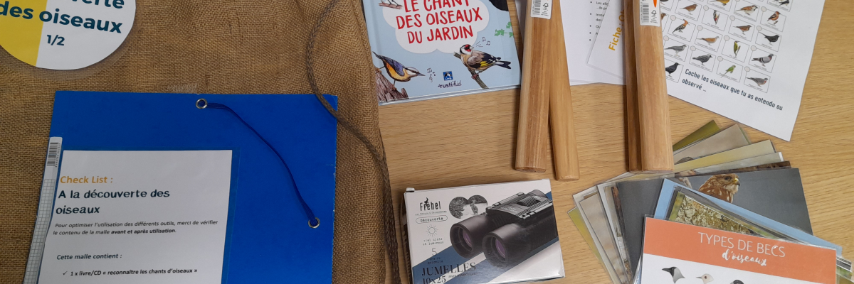Sur une table, un kit d'observation d'oiseaux avec sac en toile, jumelles, marteaux, cartes d'identification d'oiseaux, brochures et liste de contrôle.
