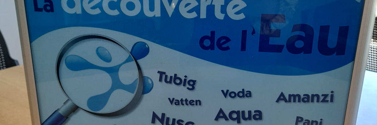 Une valise éducative sur l'eau avec des mots pour "eau" dans différentes langues.