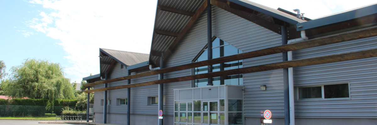 Bâtiment industriel avec entrée en verre, parking et arbre.